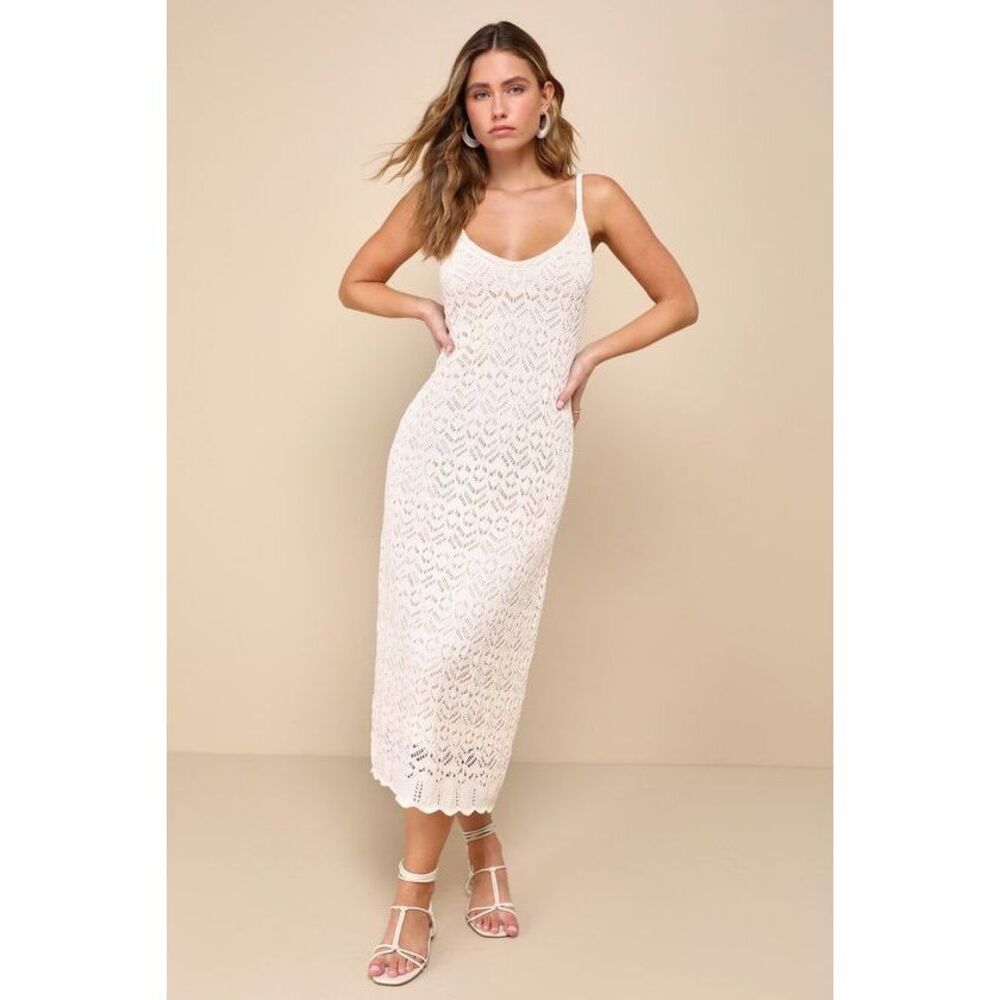 Lulus Sunset Vibes Light Beige Crochet Sleeveless Midi Dress - Size M